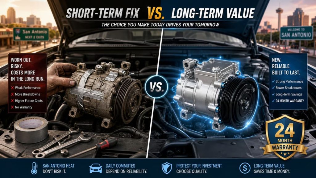 Split-screen visual showing a worn, taped-up AC compressor on one side versus a shiny new, reliable compressor on the other, representing the financial and reliability choice for a commuter vehicle.