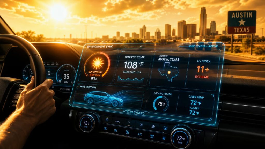 An illustration of a modern vehicle dashboard during a Texas summer, featuring a futuristic, glowing data overlay on the AC controls that visualizes real-time environmental data streams, contrasting the bright, golden sunlight outside with the precise, cool-toned interface inside.
