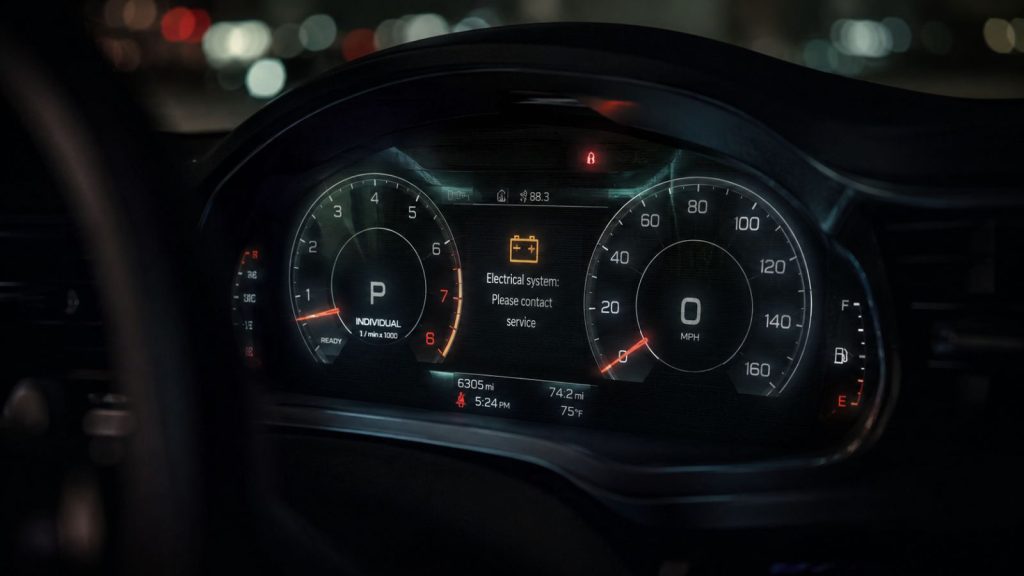 A modern digital car dashboard instrument cluster at night featuring erratic, pulsating flickering lights, visually signaling an underlying electrical charging system fault.