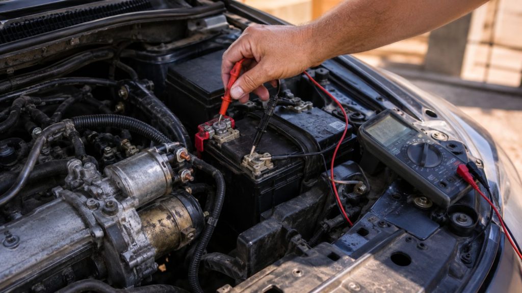 A mechanic performs a starter circuit voltage drop test on a vehicle engine bay using a digital multimeter to diagnose a no-crank issue during hot weather.