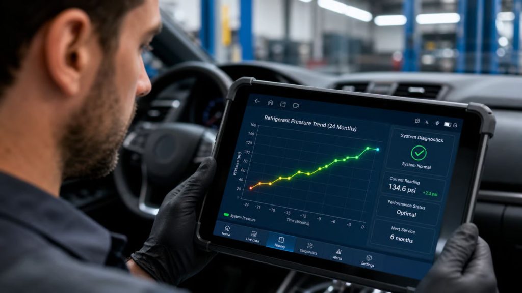 A professional automotive technician in a modern shop reviewing a digital line graph of car AC refrigerant pressure on a tablet screen, symbolizing precise vehicle health tracking.