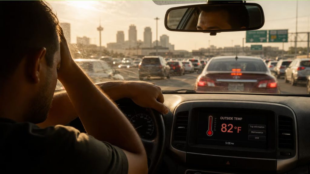 A fatigued driver sitting in a sun-drenched, gridlocked car during a San Antonio commute, with a dashboard thermometer clearly showing a cabin temperature above 80 degrees Fahrenheit.
