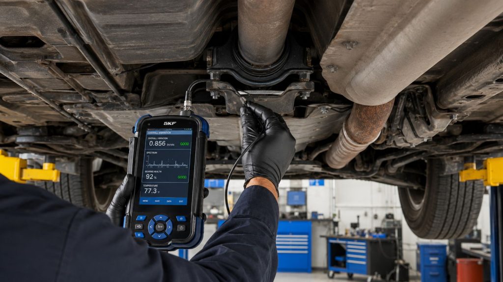 A professional mechanic at Ruben's Auto Repair uses a digital vibration analyzer to inspect a two-piece driveshaft center support bearing on a vehicle hoisted in the shop.