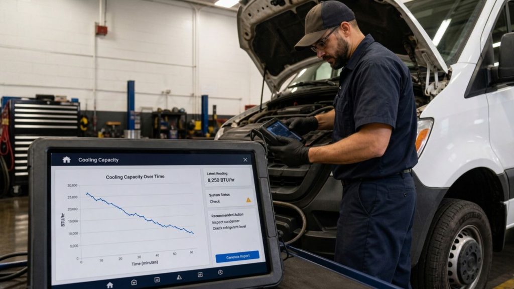 Technician using a digital diagnostic tablet to inspect a commercial delivery vehicle AC system, showing a cooling capacity trend graph at Ruben's Auto Care.