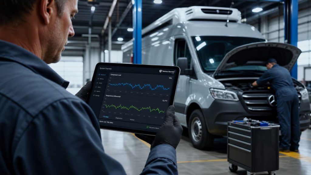 Mechanic at Ruben's Auto Repair reviewing real-time vehicle telematics dashboard on a tablet while servicing a delivery van in a modern, clean workshop.