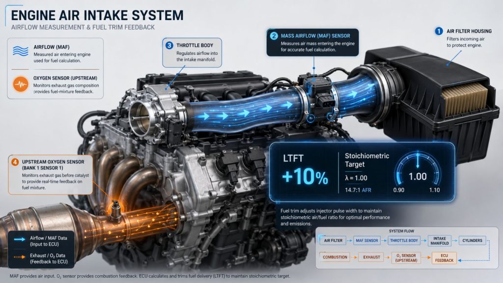 3D technical illustration showing Mass Airflow (MAF) sensor and upstream oxygen sensor data flow, with digital overlays indicating LTFT +10% and fuel trim compensation metrics.