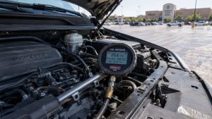 A professional automotive technician using a digital fuel pressure gauge on a car engine in a sun-drenched parking lot near South Park Mall to diagnose hard restart issues caused by summer heat soak.