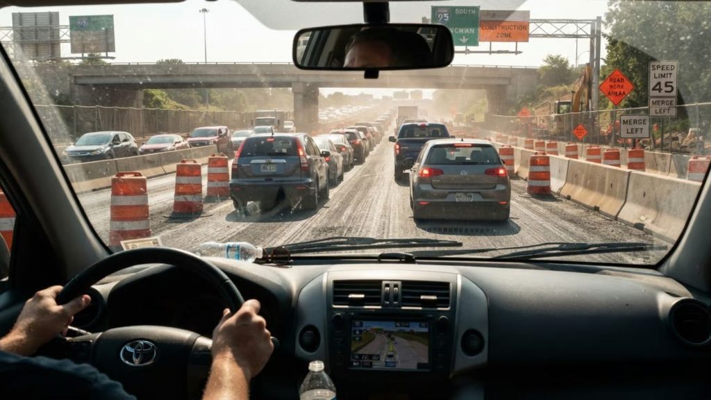View from inside a car stuck in heavy Loop 410 construction traffic, surrounded by orange barrels and concrete barriers on a hot, sunny day, with heat waves visible above the asphalt.