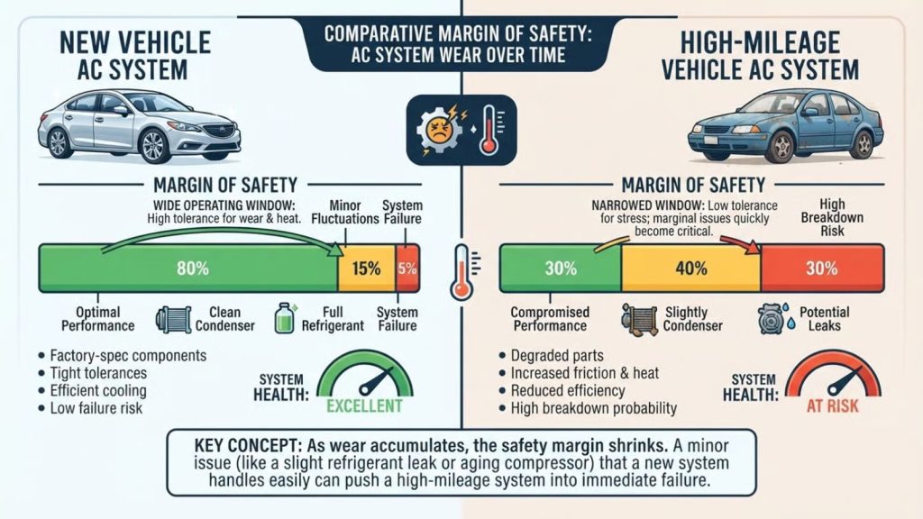 Infographic comparing the AC system safety margin between a new vehicle and a high-mileage vehicle, illustrating a significantly shorter window of time for high-mileage cars before a minor issue escalates into a complete breakdown.
