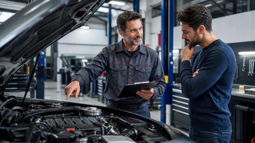 A professional mechanic at an auto garage explaining preventive AC maintenance data to a customer while pointing at engine components on a clipboard.