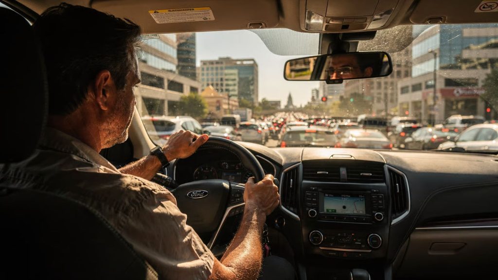 A rideshare driver looking focused and exhausted while stuck in heavy, sun-drenched downtown San Antonio traffic, illustrating the environment that causes AC compressor duty cycle strain.