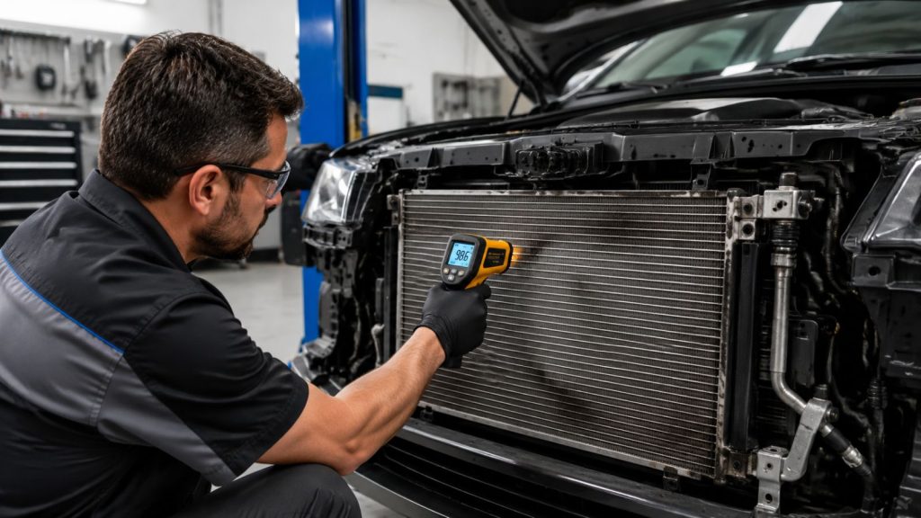 Professional automotive technician at Ruben's Auto Care inspecting a vehicle's AC condenser with an infrared thermometer to diagnose airflow loss for Highway 281 commuters.
