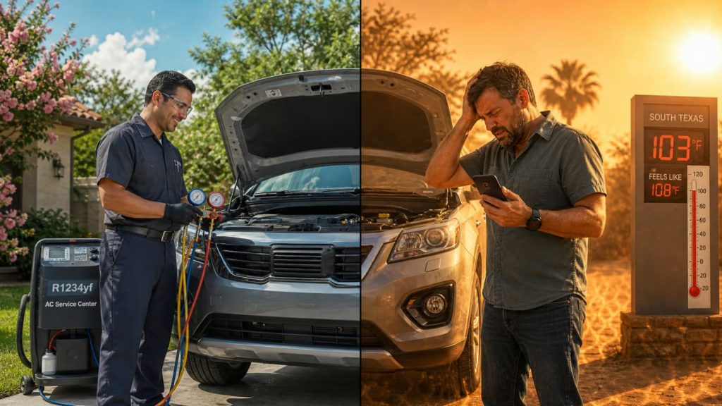 Split-screen image comparing a proactive spring AC inspection by a technician at Ruben's Auto Care with an emergency AC breakdown scenario in the sweltering South Texas July heat.