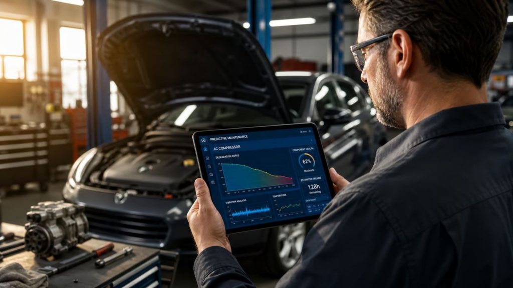 An expert auto technician using a digital tablet to monitor AC compressor performance data in a professional workshop, with a car undergoing maintenance in the background.