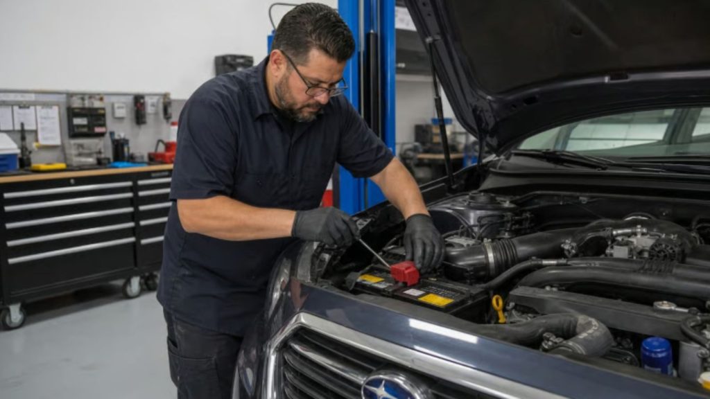 Professional mechanic performing a precision battery and engine inspection on a Subaru at Ruben's Auto Repair