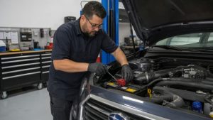 Professional mechanic performing a precision battery and engine inspection on a Subaru at Ruben's Auto Repair