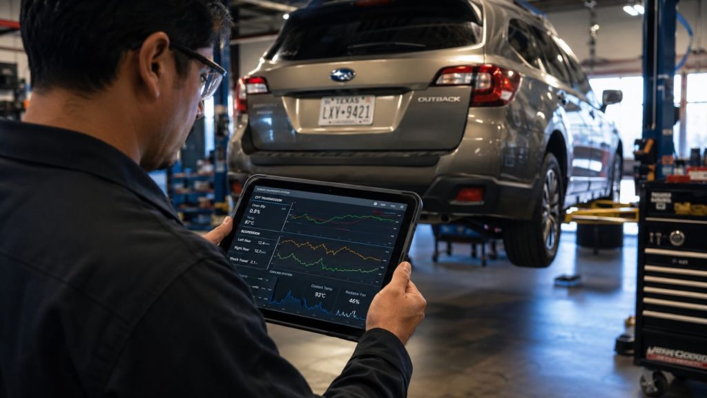 Amechanic at Ruben's Auto Repair reviewing complex diagnostic data on a tablet for a high-mileage Subaru.