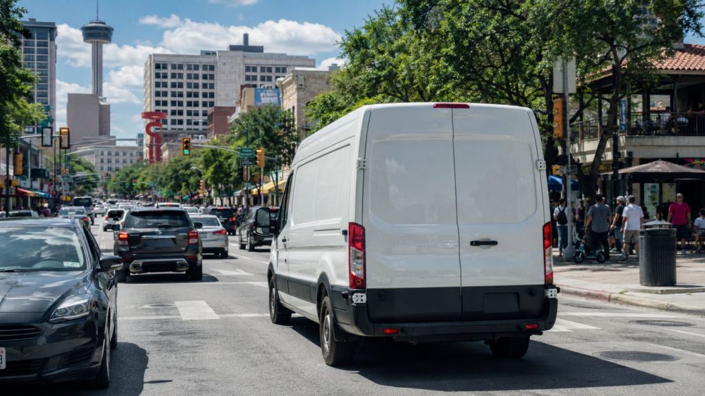A commercial delivery van navigating a busy, sun-drenched downtown San Antonio street near the River Walk, illustrating the frequent stop-and-go conditions that cause high turn signal activation.