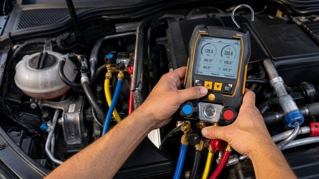 A professional mechanic uses a digital manifold gauge to test vehicle AC refrigerant pressure, demonstrating technical diagnostic precision during a summer heat soak analysis.