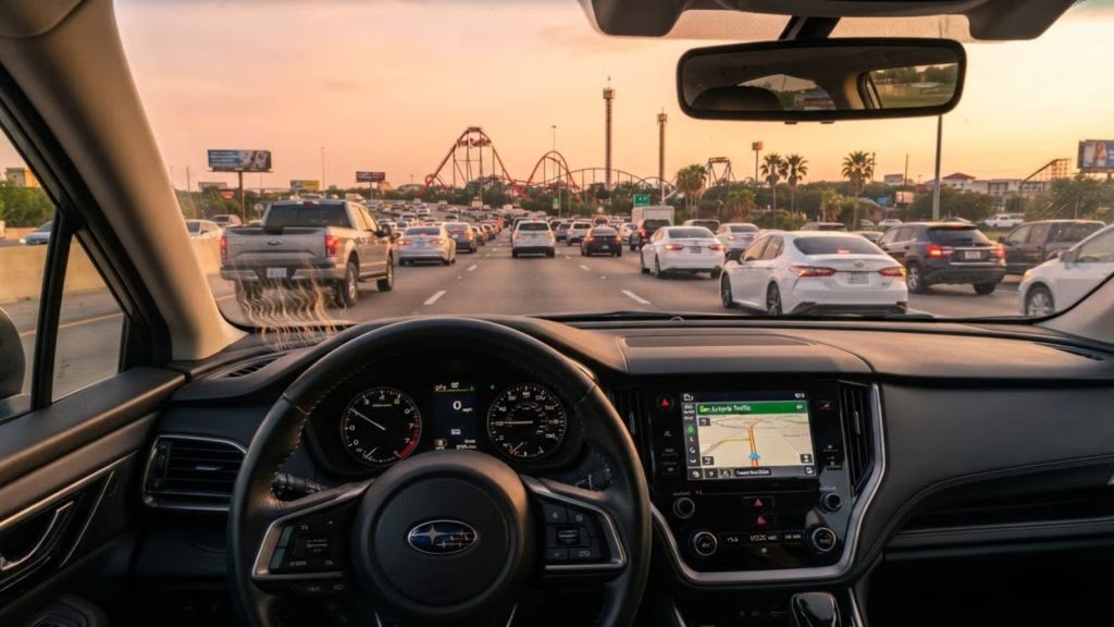 Driver's perspective inside a Subaru idling in heavy summer traffic near SeaWorld San Antonio.