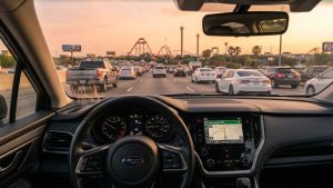 Driver's perspective inside a Subaru idling in heavy summer traffic near SeaWorld San Antonio.