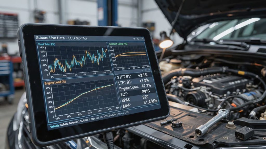 Professional technician using an advanced diagnostic tablet to analyze real-time fuel trim and engine load data on a Subaru at Ruben's Auto Repair.