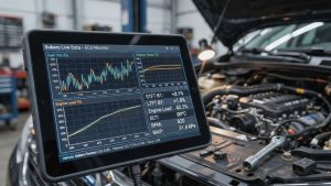 Professional technician using an advanced diagnostic tablet to analyze real-time fuel trim and engine load data on a Subaru at Ruben's Auto Repair.