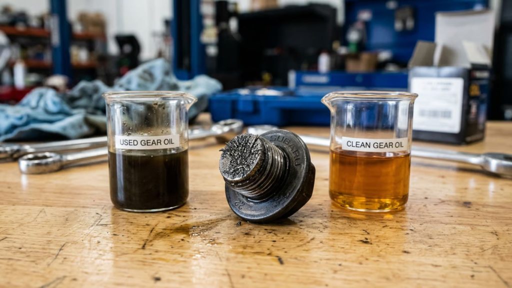Close-up view of a Subaru differential drain plug covered in metallic shavings next to a sample of dark, degraded gear oil used for early diagnostic inspections.