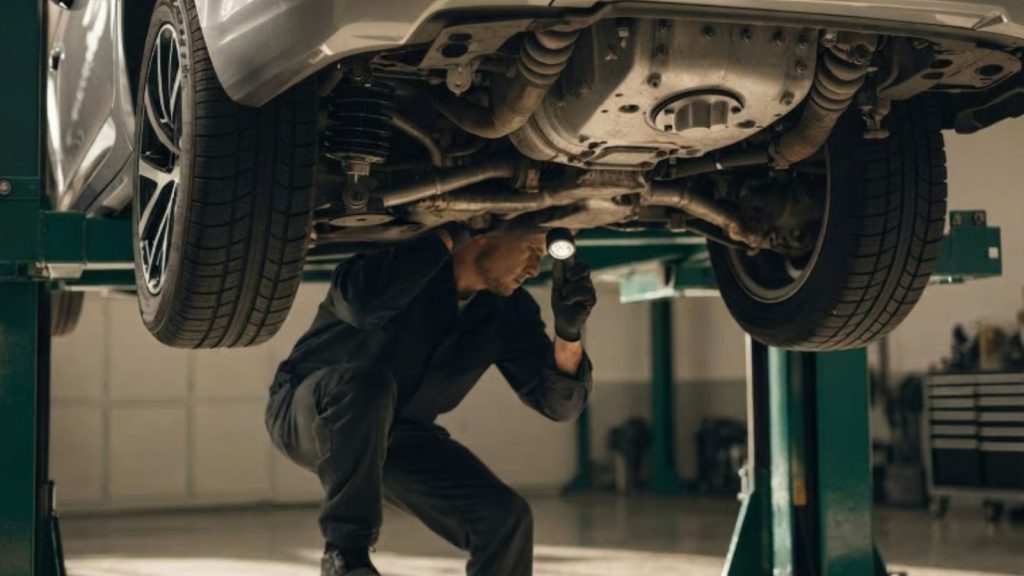 A split-screen composition showing a digital tablet on the left displaying color-coded Subaru AWD torque distribution charts with a view on the right of a mechanic’s hands inspecting a vehicle's differential component.
