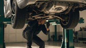 A split-screen composition showing a digital tablet on the left displaying color-coded Subaru AWD torque distribution charts with a view on the right of a mechanic’s hands inspecting a vehicle's differential component.