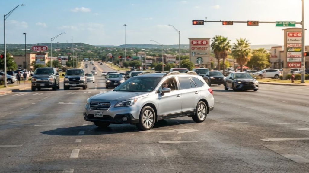 A Subaru Outback driving through a busy intersection in Alamo Ranch, San Antonio, representing the stop-and-go commute conditions that contribute to Subaru Boxer engine oil consumption.