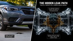 Split-view comparison showing a small oil spot on a driveway on the left and a technical diagram of a Subaru Boxer engine on the right, highlighting how oil seepage paths differ from the visible drip location.