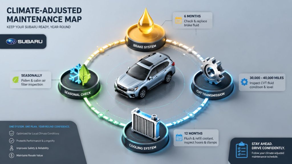An illustration of a circular maintenance timeline for a Subaru, featuring four interconnected icons: a brake fluid drop, a CVT gear cog, a cooling radiator, and a seasonal leaf icon, representing a unified maintenance schedule designed for South Texas climate conditions.