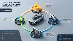 An illustration of a circular maintenance timeline for a Subaru, featuring four interconnected icons: a brake fluid drop, a CVT gear cog, a cooling radiator, and a seasonal leaf icon, representing a unified maintenance schedule designed for South Texas climate conditions.
