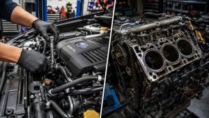 A split-screen comparison of Subaru engine maintenance: a professional mechanic performing a precision cooling repair on the left versus a disassembled engine block requiring a head gasket rebuild on the right.