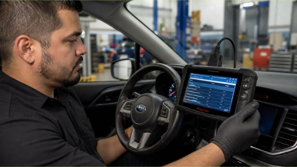 Professional technician at Ruben's Auto Repair using a diagnostic scan tool to check Subaru CVT fluid temperature during a transmission service.