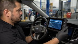 Professional technician at Ruben's Auto Repair using a diagnostic scan tool to check Subaru CVT fluid temperature during a transmission service.