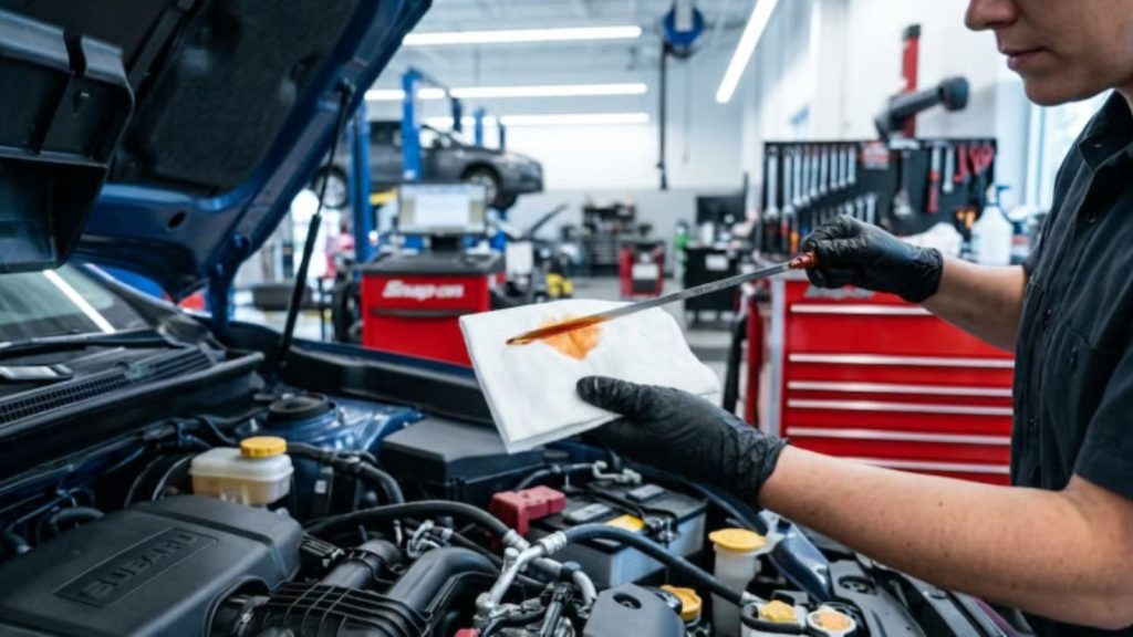 A professional mechanic at Ruben's Auto Repair carefully inspects a transmission fluid sample from a Subaru to ensure optimal CVT performance.