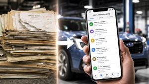 A split-screen comparison showing a stack of messy, disorganized paper folders on the left versus a clean, digital Subaru maintenance app interface on a smartphone screen on the right, representing the shift from paper to digital service records.