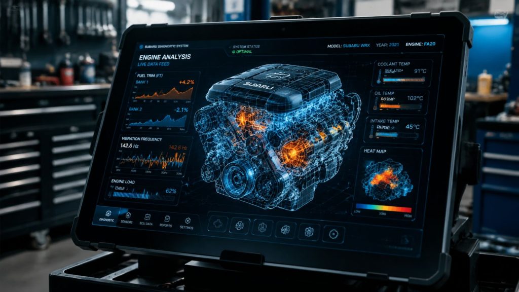 A digital tablet displaying a 3D holographic Subaru engine wireframe data overlays for fuel trim, vibration frequencies, and temperature heat-maps.