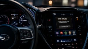 A modern Subaru dashboard at night featuring a subtle digital service notification on the infotainment screen, representing early diagnostic warnings.