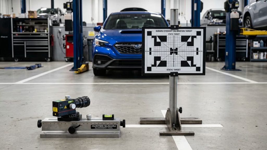 Technician performing precise Subaru EyeSight static calibration with a target board at Ruben's Auto Repair .