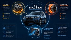 A technical diagram showing a Subaru silhouette surrounded by three glowing mechanical icons—a transmission gear, a brake rotor, and a cooling fan—symbolizing the combined wear signature of daily Loop 1604 commuting.