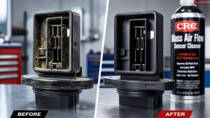 A split-view photograph comparing a Subaru Mass Air Flow (MAF) sensor coated in golden oak pollen on the left with a clean, professionally serviced sensor on the right.