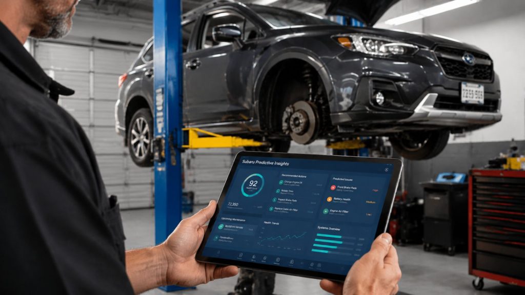 A technician holds a tablet displaying predictive maintenance data graphs, standing in front of a Subaru undergoing inspection.
