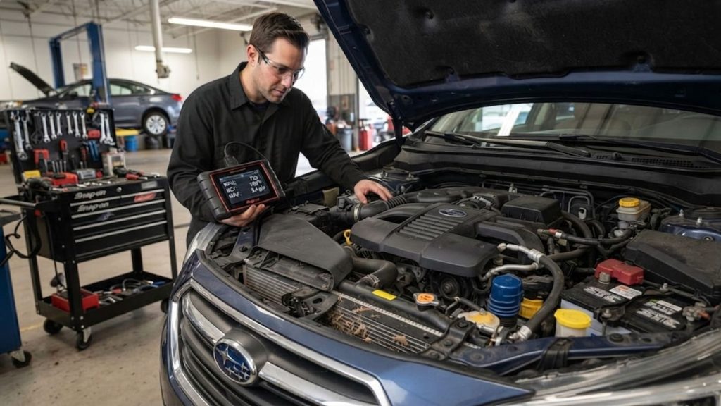 Technician at Ruben's Auto Repair performing a diagnostic scan on a Subaru engine to inspect radiator airflow and cooling system performance.