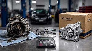 A shot on a workbench showing a worn, disassembled Subaru engine part next to a brand-new, boxed replacement component, representing the economic decision-making process for high-mileage vehicle repairs.