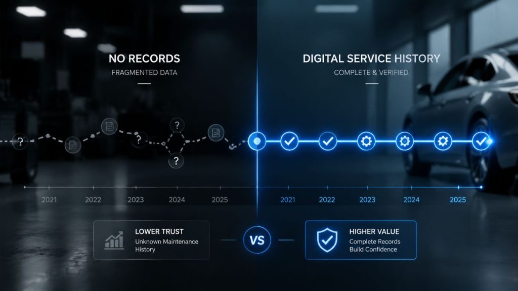 Comparison graphic of Subaru service records: a digital timeline on one side representing consistent care, versus a disconnected timeline on the other, symbolizing the impact on resale value.