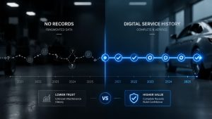 Comparison graphic of Subaru service records: a digital timeline on one side representing consistent care, versus a disconnected timeline on the other, symbolizing the impact on resale value.