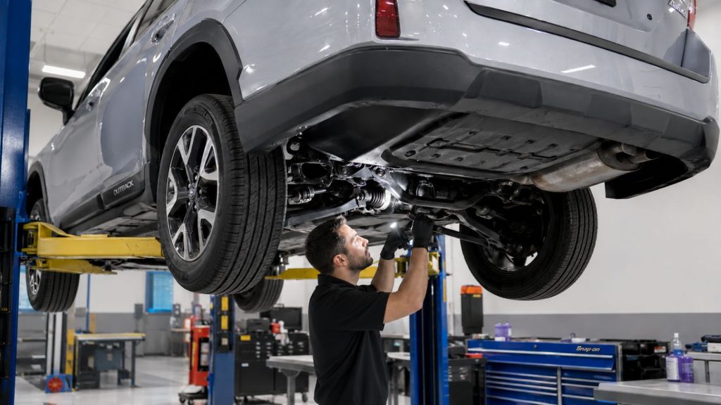 Professional mechanic inspecting the undercarriage of a silver Subaru Outback on a hydraulic lift to ensure road trip readiness.